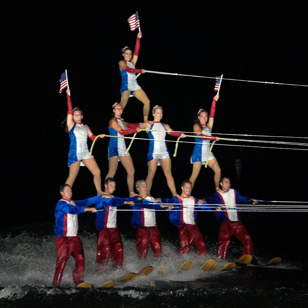 A human pyramid of water skiers. Courtesy Ski Extreme Productions.