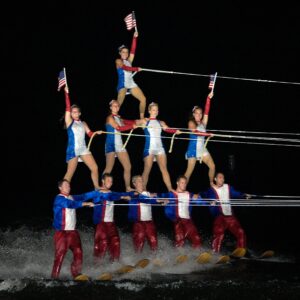 A human pyramid of water skiers. Courtesy Ski Extreme Productions.